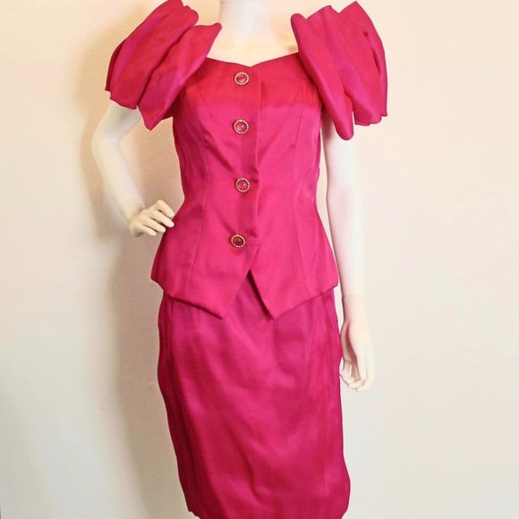 SYLVIA’S #41513 Fuchsia Silk Skirt and Blouse Set (Size 8)